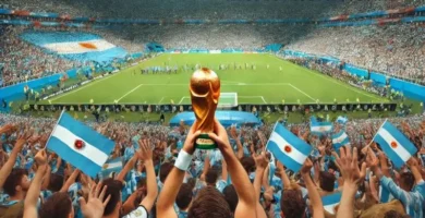 A fan holding the World Cup trophy in a packed stadium filled with Argentinian supporters celebrating victory.