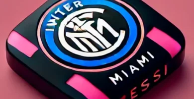 "Favicon minimalista de Inter Miami en colores rosa y negro con la leyenda Messi en tipografía moderna y audaz."