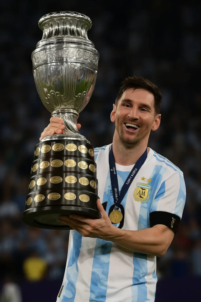 Lionel Messi smiling while holding the Copa América trophy after Argentina's victory