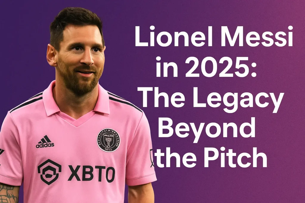 lionel messi wearing inter miami jersey in 2025 alongside the article title "lionel messi in 2025: the legacy beyond the pitch"