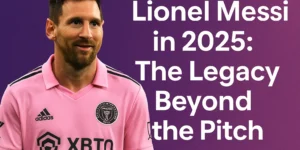 lionel messi wearing inter miami jersey in 2025 alongside the article title "lionel messi in 2025: the legacy beyond the pitch"
