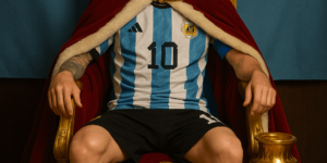 Lionel Messi sitting on a royal throne wearing a crown and cape, surrounded by his trophies and the Argentine flag