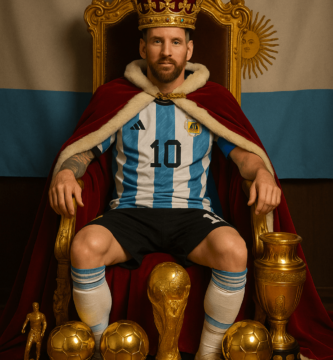 Lionel Messi sitting on a royal throne wearing a crown and cape, surrounded by his trophies and the Argentine flag