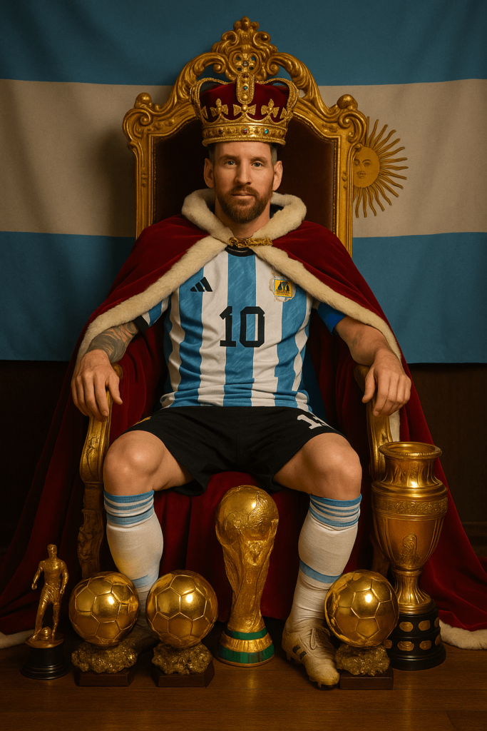 Lionel Messi sitting on a royal throne wearing a crown and cape, surrounded by his trophies and the Argentine flag